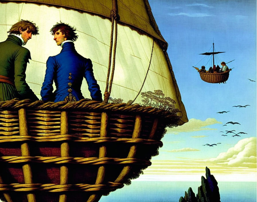 Historical figures in balloon basket observe flying ship above sea