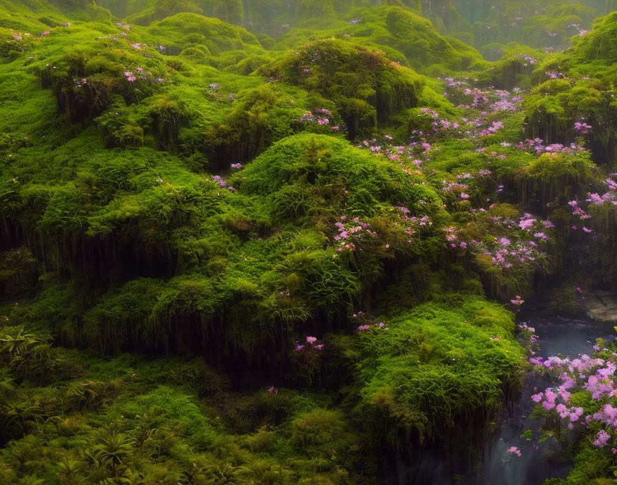 Moss-Covered Hills with Pink Flowers in Mystical Foggy Setting