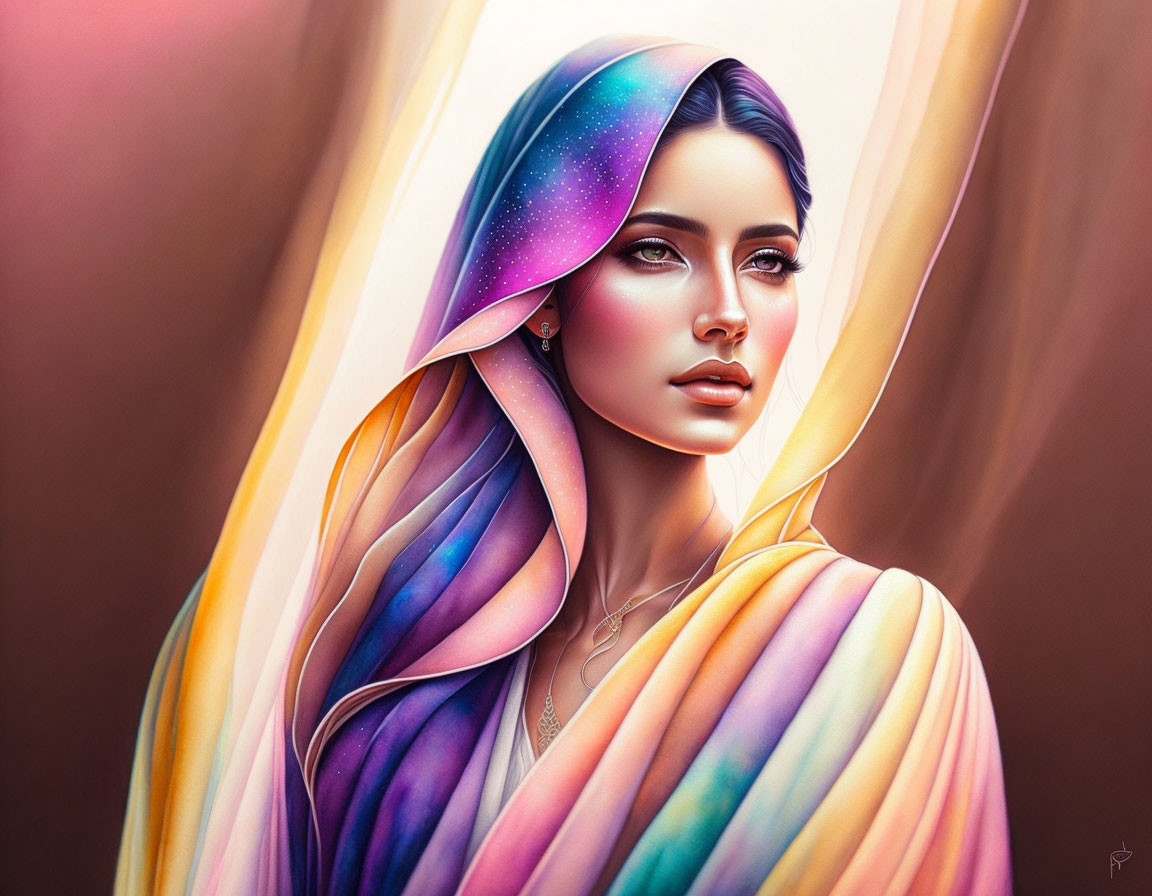 Vibrant galaxy-themed portrait with flowing hair and scarf