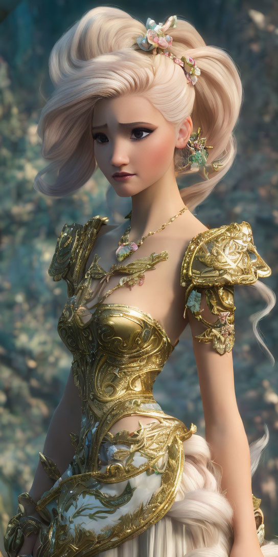 Digital artwork: Woman with platinum blonde hair, floral accessories, ornate golden corset, intricate shoulder