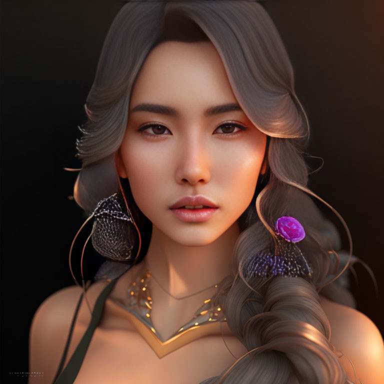 Detailed 3D-rendered image of Asian woman with large earrings and necklace