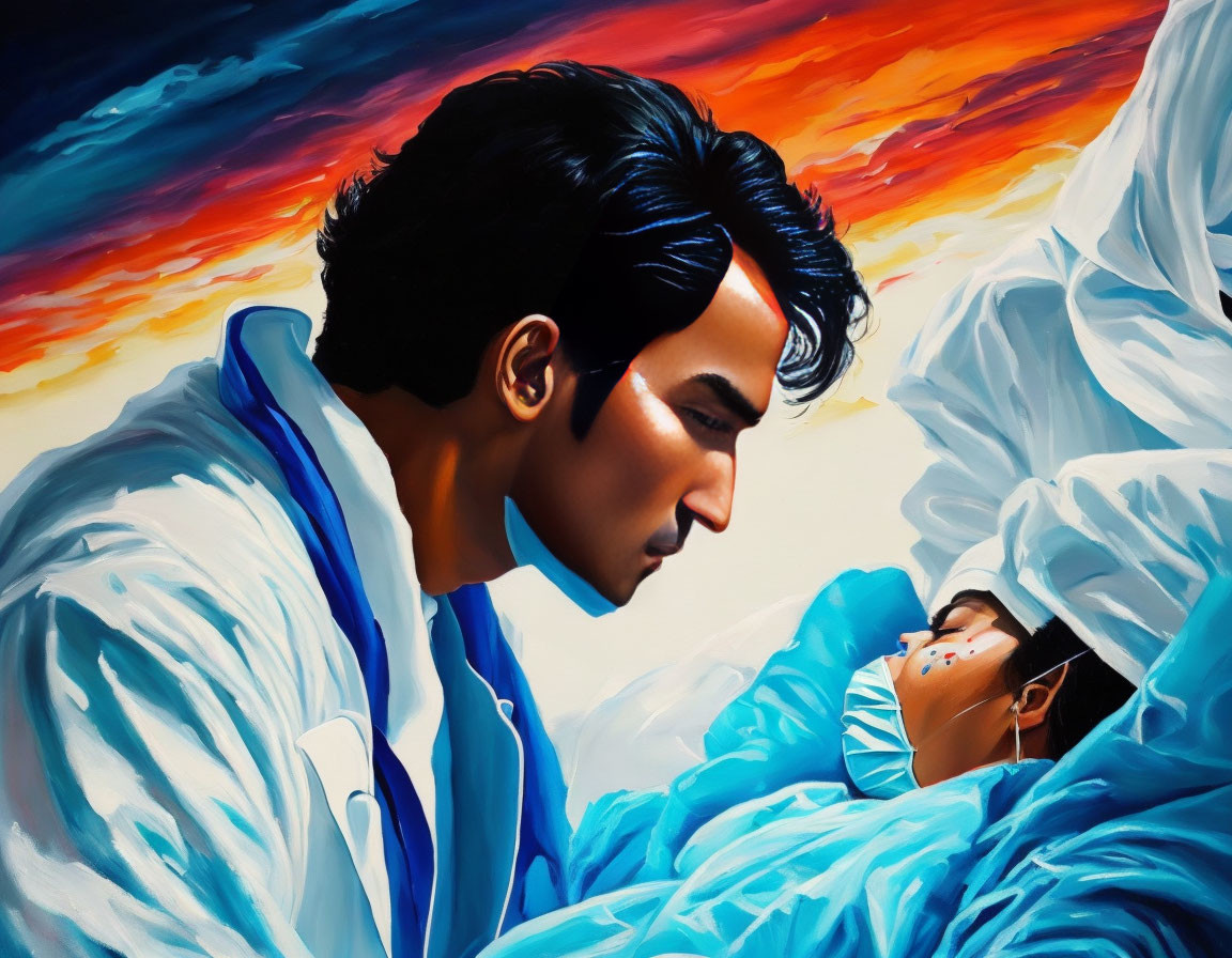 Two Medical Professionals in Blue Scrubs Embrace Under Dramatic Sky