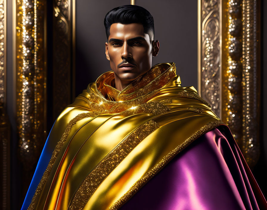 Digital artwork: Stylized man in golden cape on ornate background