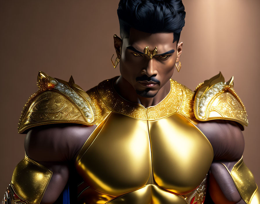 Detailed digital illustration of stern man in gold armor on warm backdrop