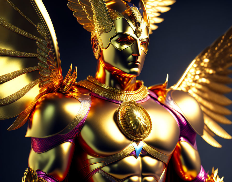 Golden Armored Figure with Wings and Helmet on Dark Background