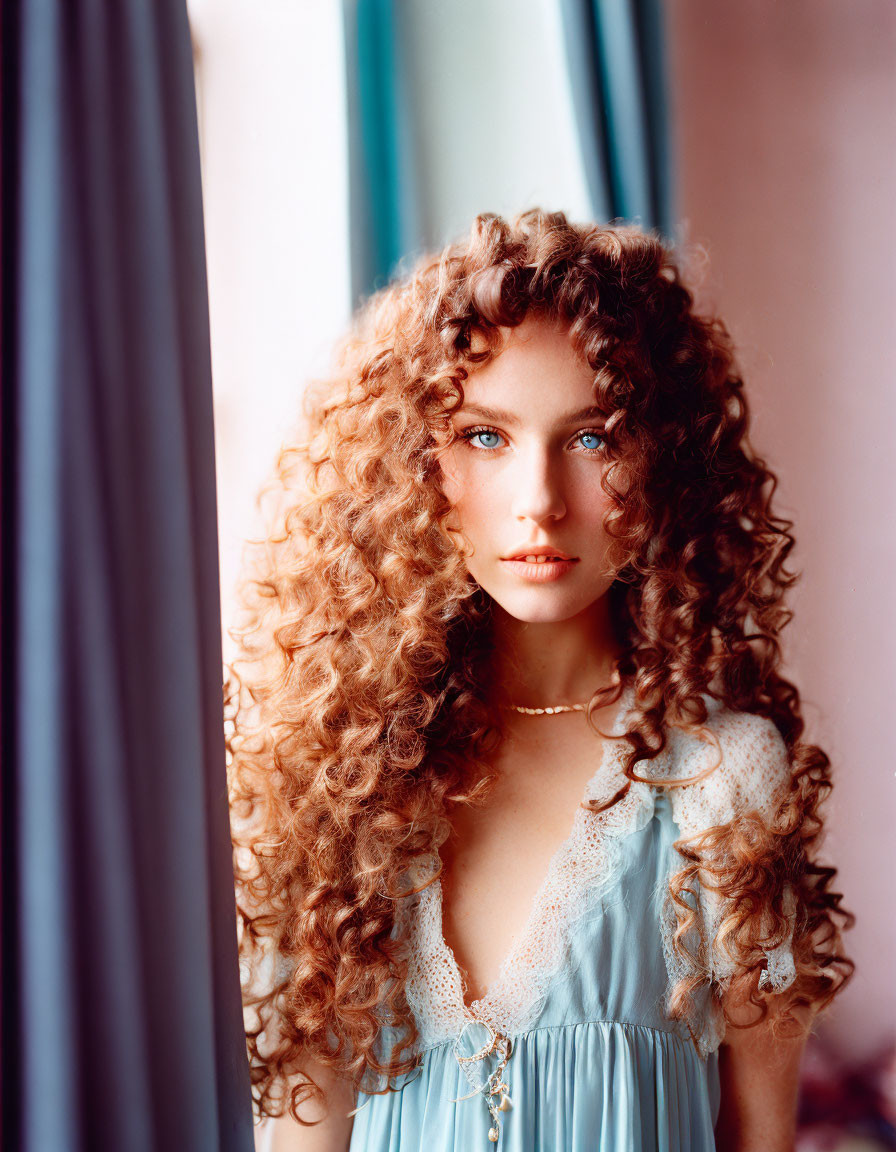 Woman with curly hair in blue dress by window with drapes