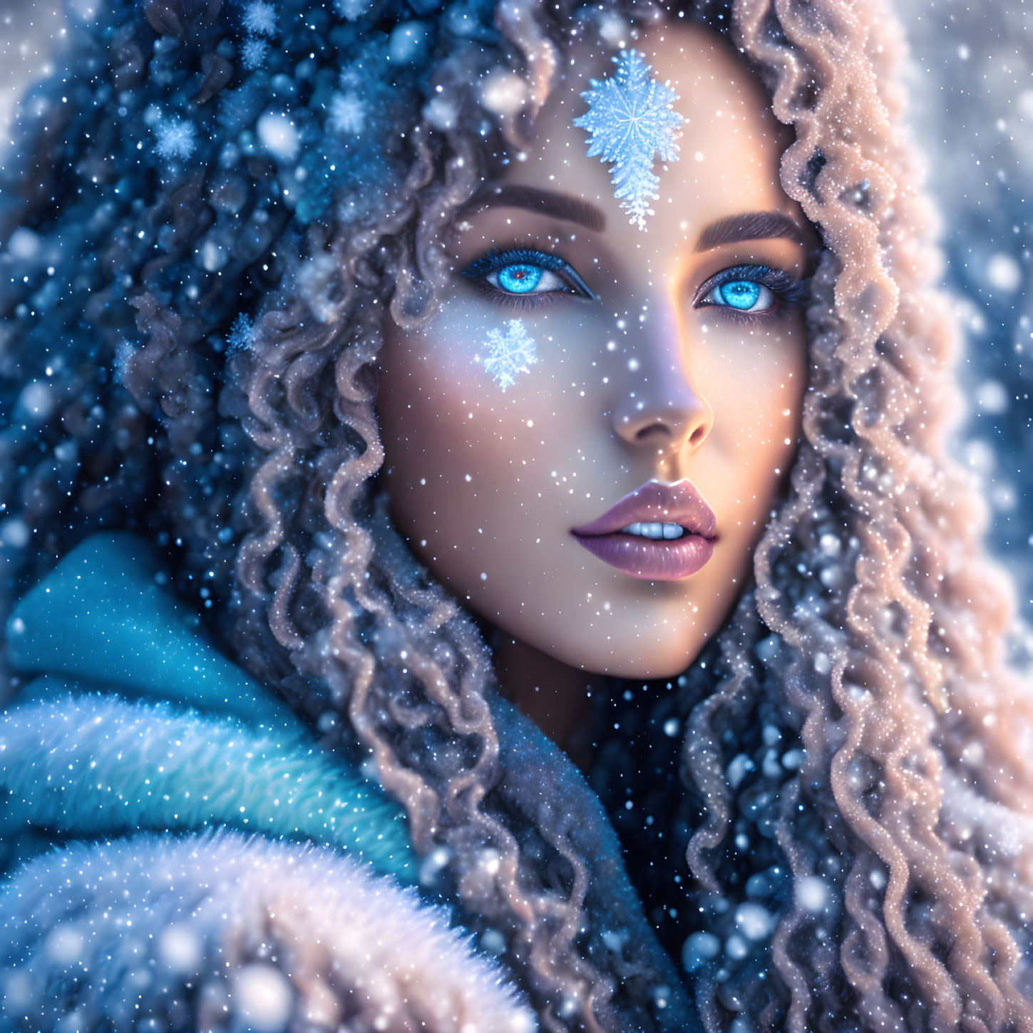 Portrait of woman with bright blue eyes and curly hair in winter setting