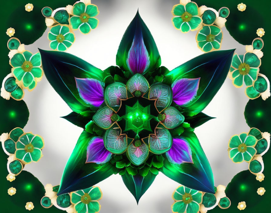 Symmetrical fractal digital art with green and purple hues and floral motifs