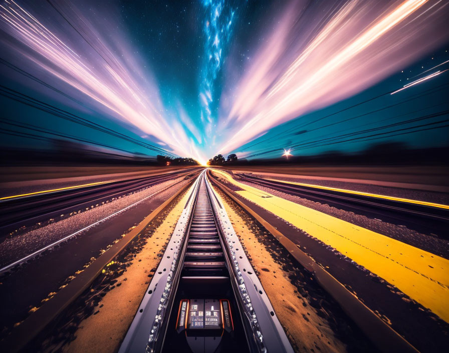 Train tracks at night with starry sky and light streaks: Long exposure photography.