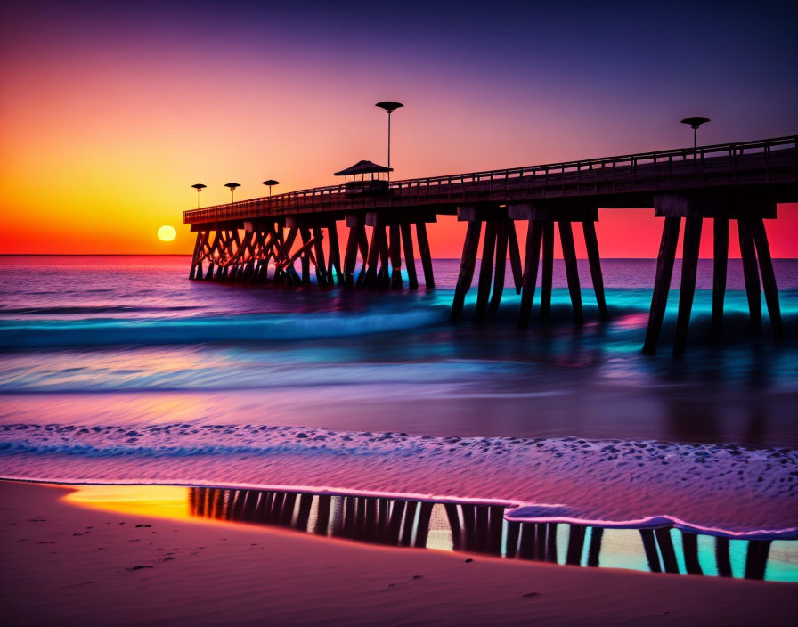 Serene beach sunset with orange and purple hues and silhouetted pier