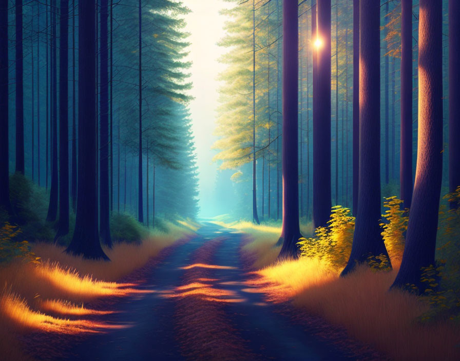 Tranquil forest path with tall trees and sunlight filtering through foliage