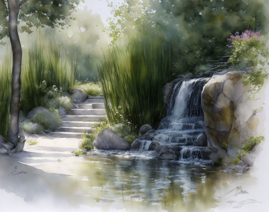 Tranquil Watercolor Painting of Small Waterfall and Pond