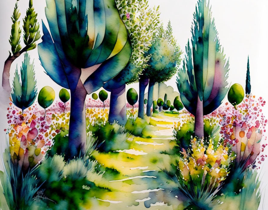 Whimsical garden path with stylized trees and colorful flowers