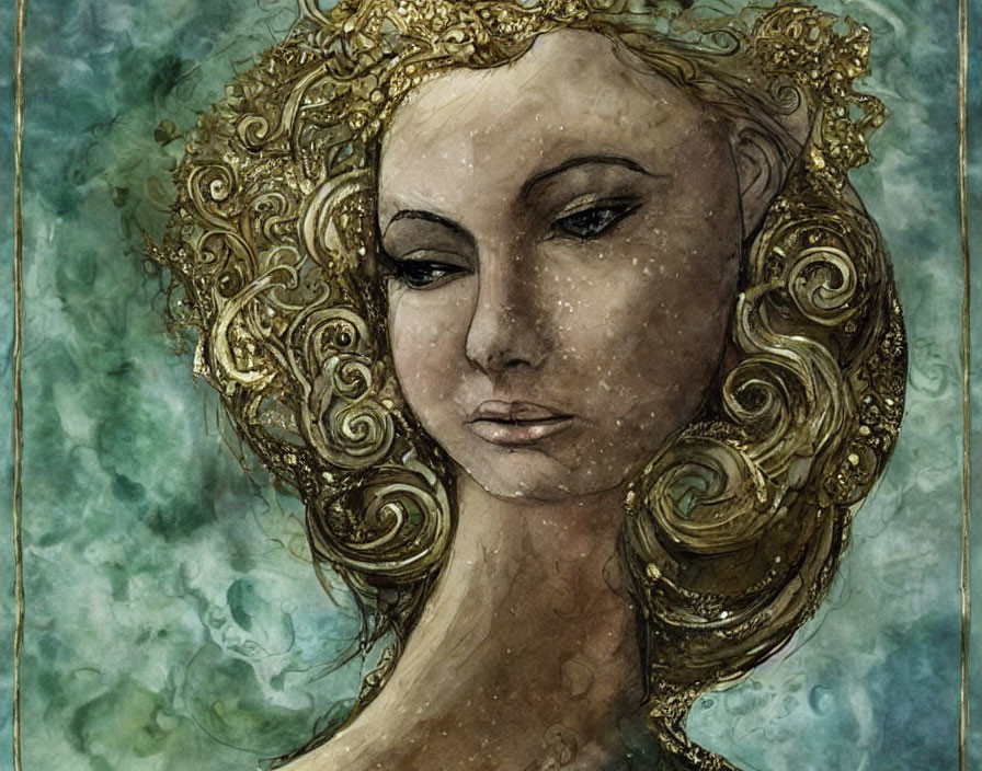 Stylized portrait of female figure with golden curly hair on teal background