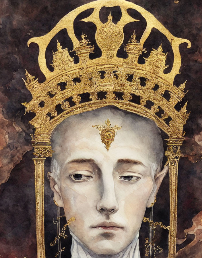 Illustration of solemn-faced person with golden crown and earrings on brown backdrop