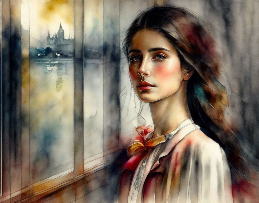 Dark-haired woman in watercolor painting looking out window with cathedral and river scene.