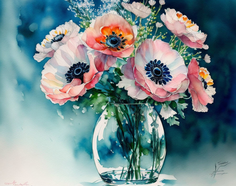 Colorful watercolor painting of pink poppies in glass vase on blue background