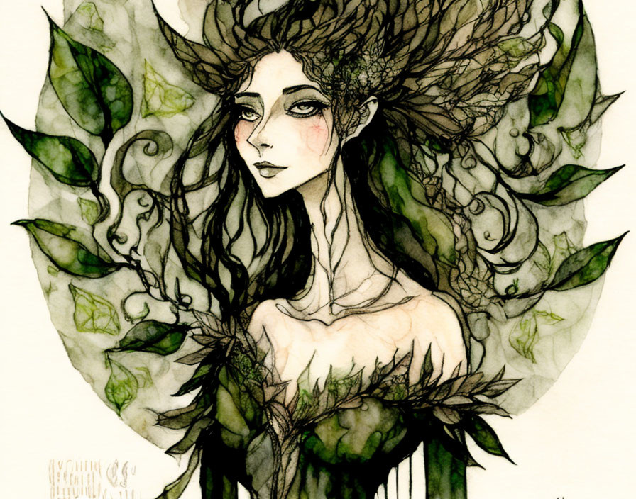 Whimsical woman illustration with floral and leaf motifs in earthy tones