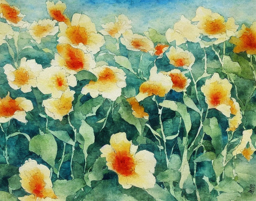 Whimsical yellow flowers in watercolor against blue background