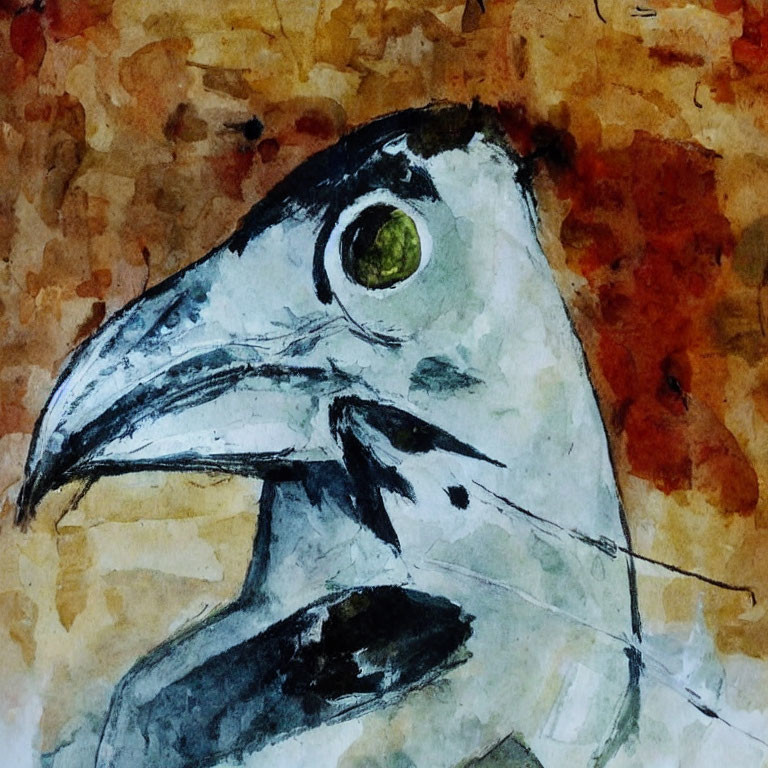 Bird's head watercolor painting with detailed beak and eye on warm-hued background