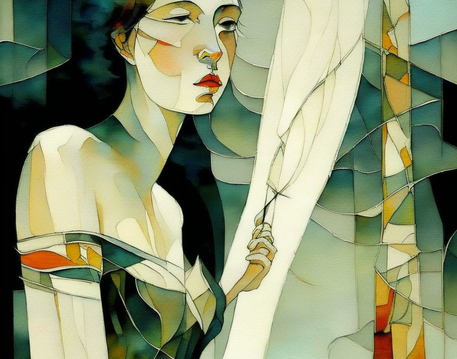 Geometric patterned woman in muted colors