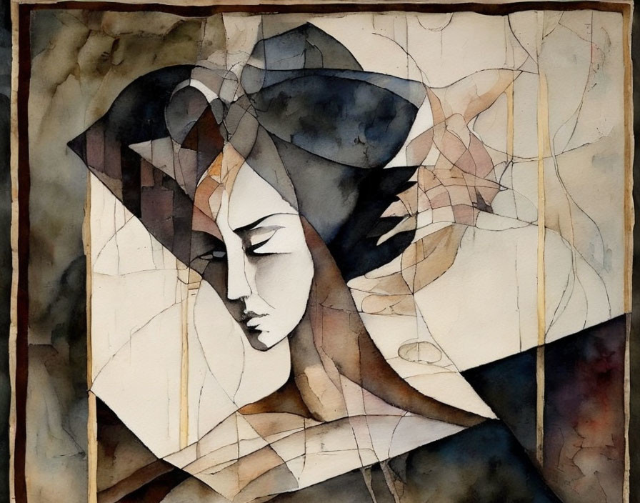 Stylized female figure in abstract watercolor with geometric shapes