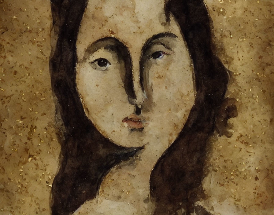 Detailed close-up of a woman's face in a painting with dark hair and enigmatic expression