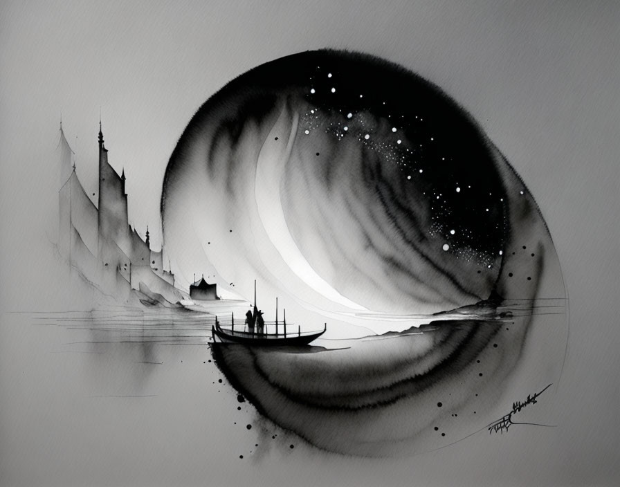 Surreal monochromatic watercolor painting of boat scene with castle and cosmic swirl