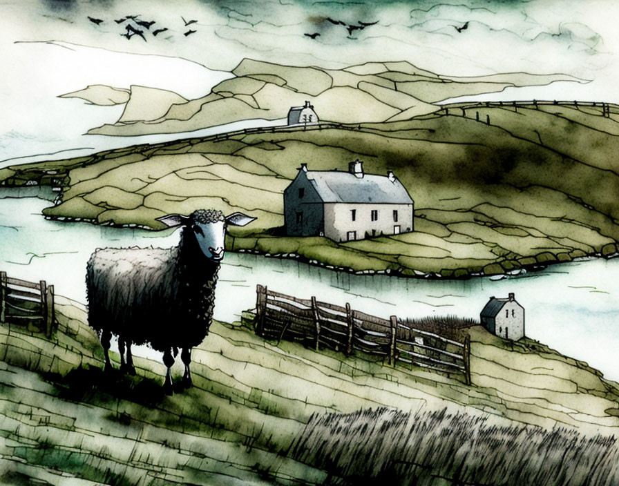 Scenic landscape with sheep, hills, house, fences, and water under cloudy sky