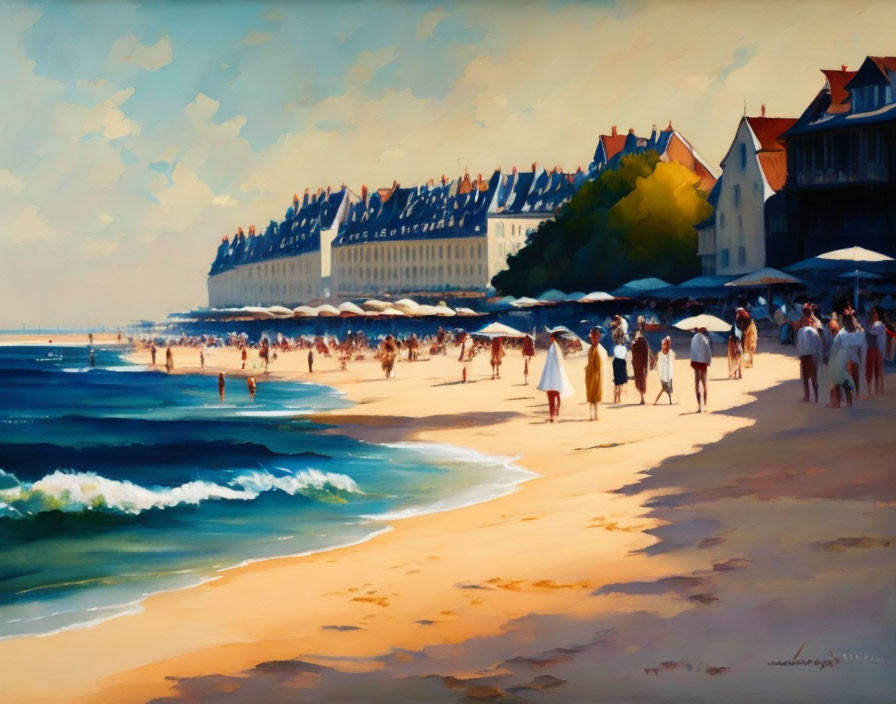 Sunny beach scene with people, umbrellas, and buildings by the shore