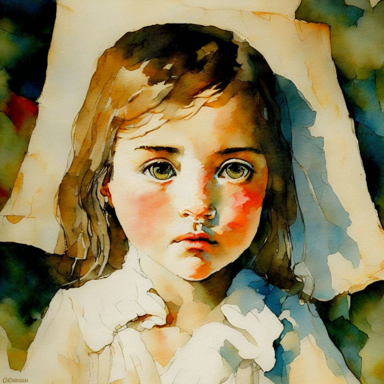 Young Girl Watercolor Painting with Expressive Brown Eyes and Rosy Cheeks