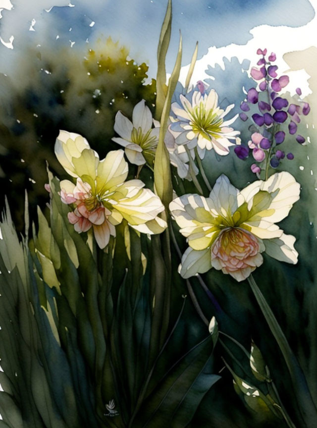 Delicate white flowers in watercolor with pink and yellow hints on a dark blue backdrop