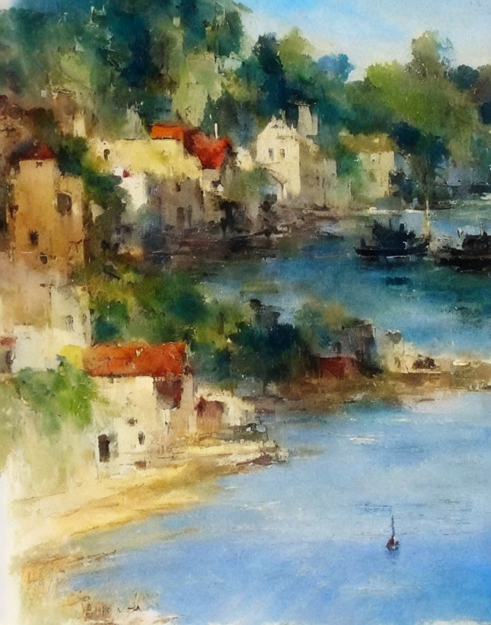 Serene riverside village painting with boats, trees, and houses