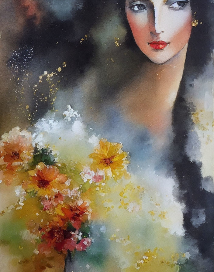 Abstract watercolor portrait of a woman with dark hair and sharp features next to vibrant orange and yellow flowers