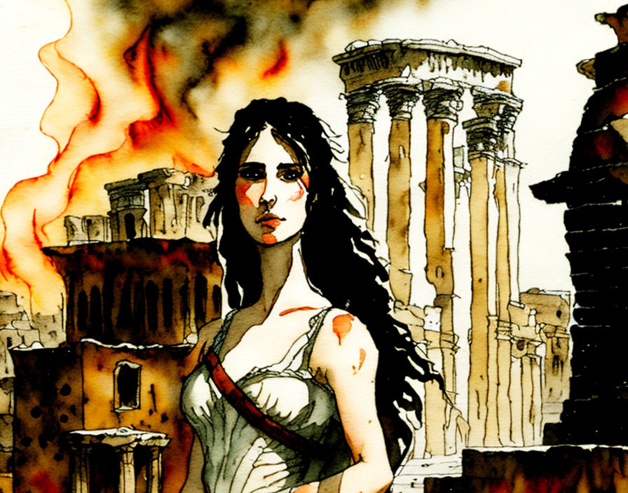 Historical woman illustration with ancient ruins and flames.