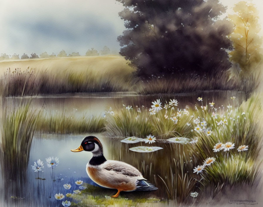 Tranquil landscape with duck, pond, water lilies, field, flowers, and tree