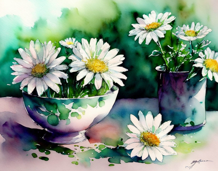 White Daisies in Bowl and Cup Watercolor Painting on Green and Blue Background