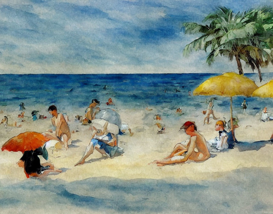 Beach scene watercolor painting with sunbathers and umbrellas