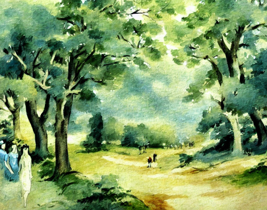 Tranquil watercolor painting of people in lush forest