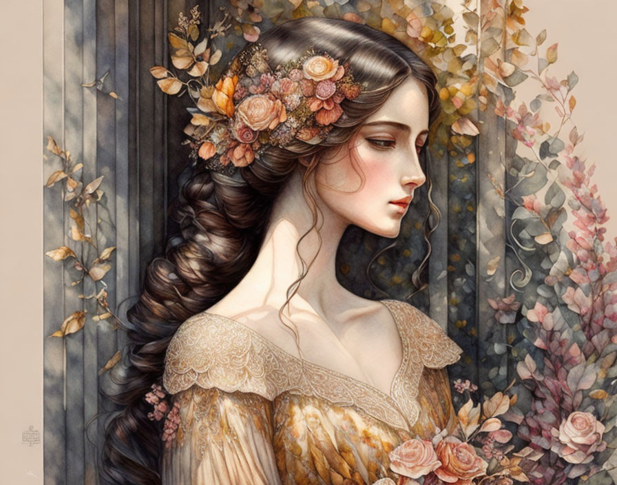 Detailed portrait of woman with floral wreath in hair and soft colors.