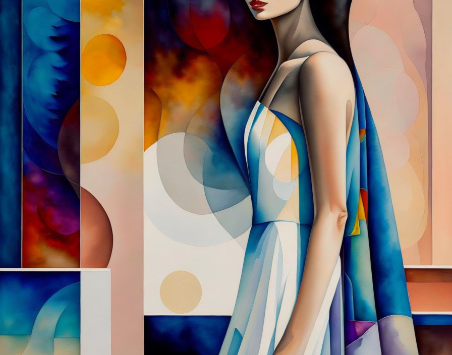 Abstract painting of woman in modern dress with vibrant colors and orbs