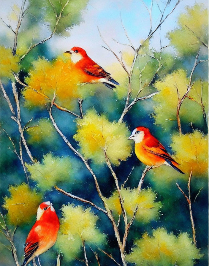 Vibrant Red Birds Perched on Branches in Colorful Painting