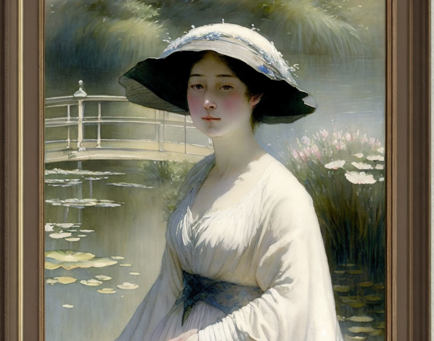 Portrait of a Woman in White Dress and Hat by Tranquil Pond with Lilies