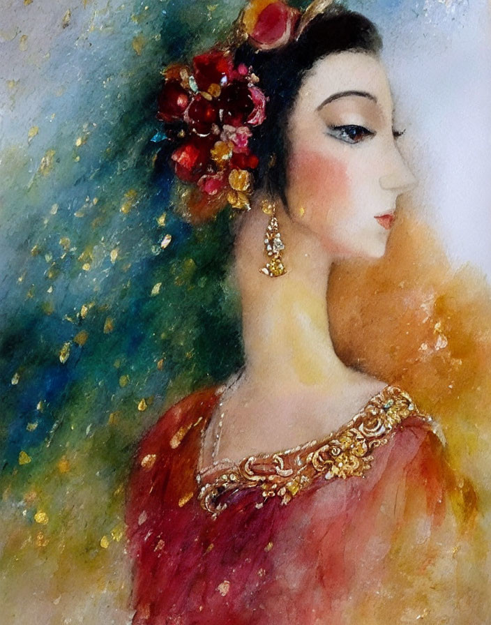 Impressionistic painting of woman with red flowers, golden jewelry, colorful backdrop