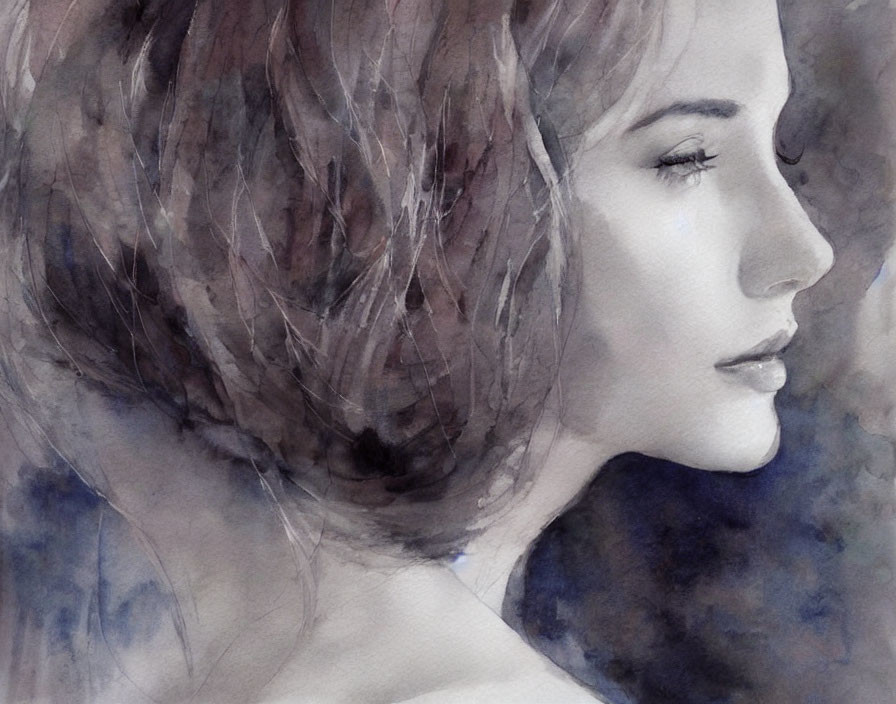 Woman in Profile Watercolor Painting with Dreamy Expression