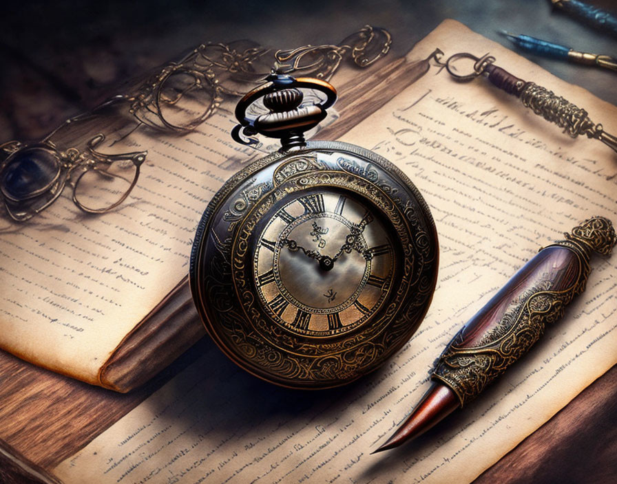 Vintage Writing Scene with Antique Pocket Watch and Quill