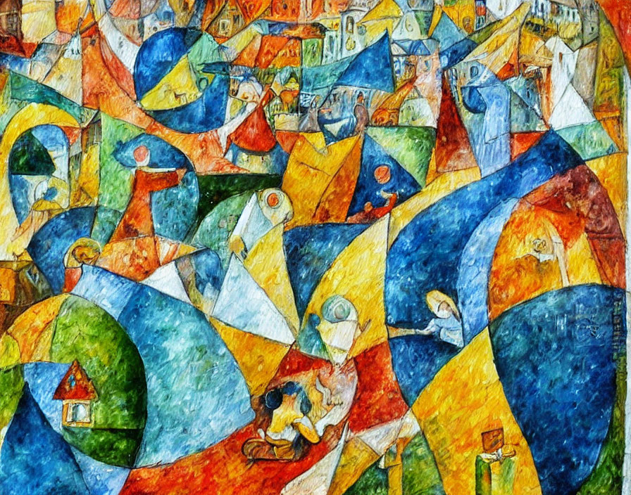 Vibrant Cubist-style Abstract Townscape Painting