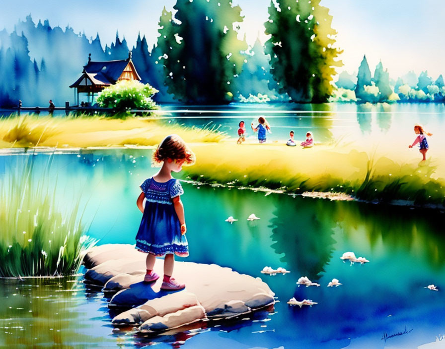 Colorful watercolor painting of girl on stepping stones by lake with playing children and quaint house.