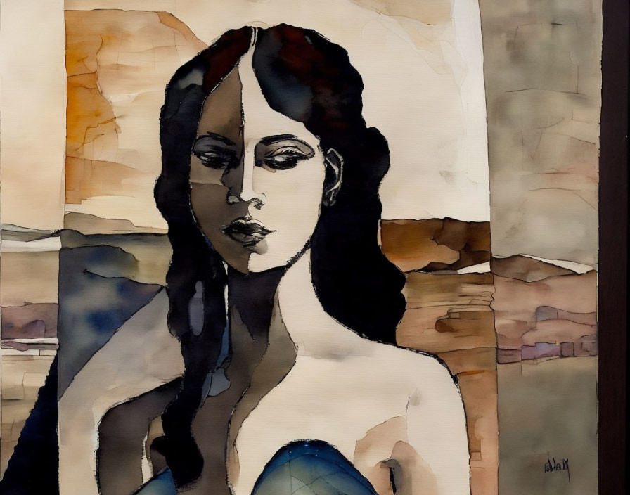 Dark-haired woman in watercolor against abstract background