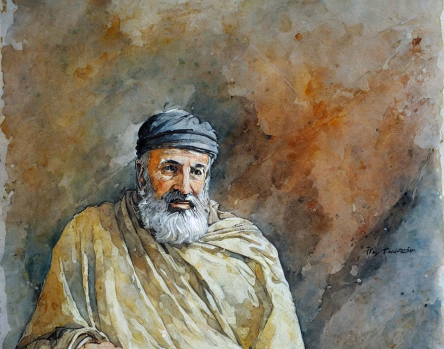 Elderly man watercolor portrait with beard, turban, and warm earth tones